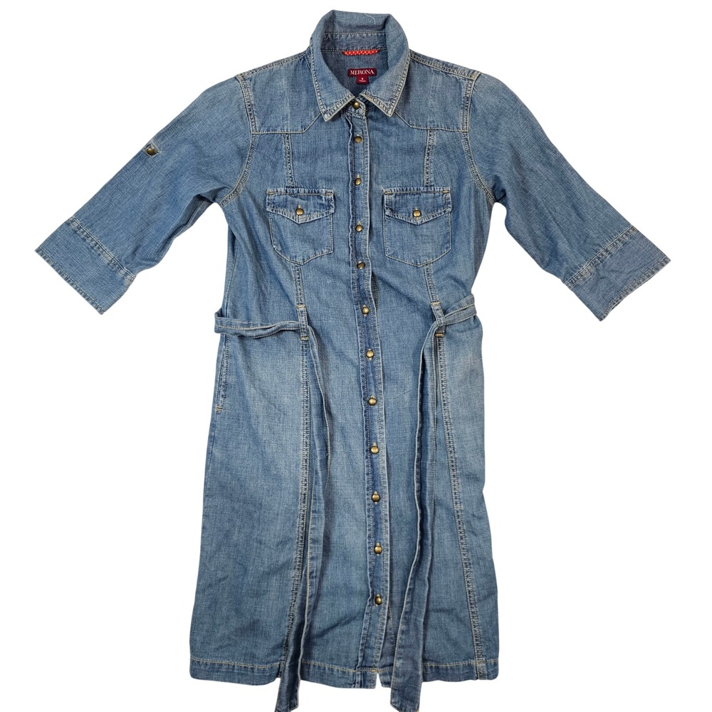 Merona Denim Shirt Dress Womens Small Blue Medium Wash Button Up Tie Waist Belt